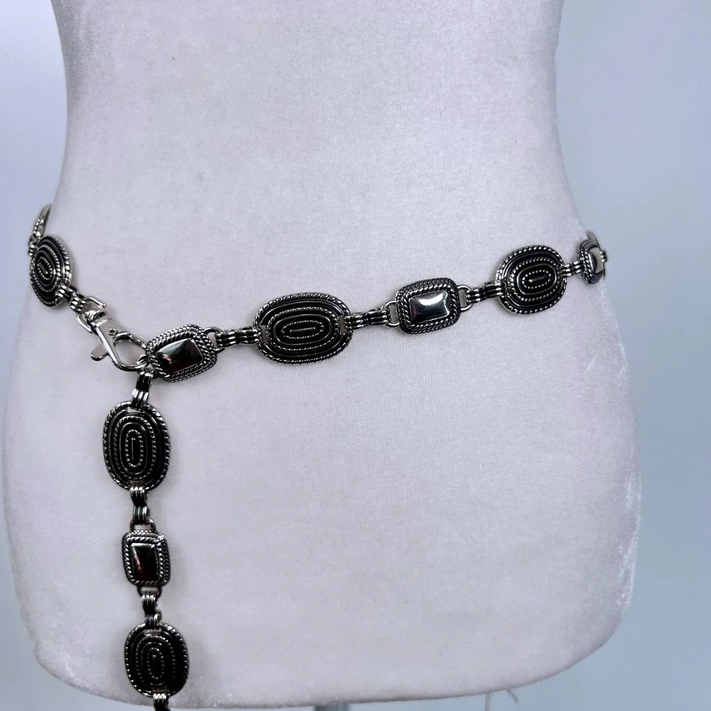 Vintage Silver Tone Medallion Chain Belt Adjustable Boho Western 46 Inch Y2K